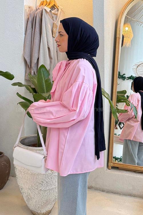Candy Pink Turtle Neck Long Arm Poplin Fabric Shirt