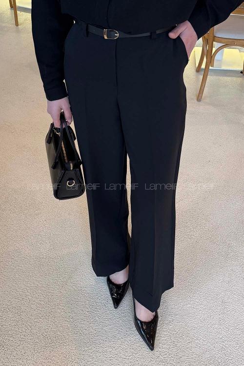 Lamelif Yüksek Bel Kemerli Kumaş Pantolon Siyah