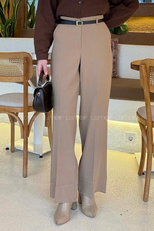 Lamelif Yüksek Bel Kemerli Kumaş Pantolon Vizonrengi