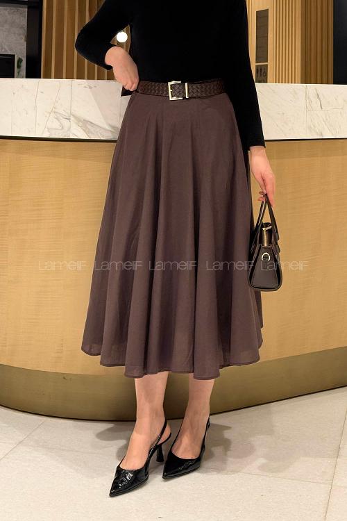 Lamelif Astarlı Kloş Etek Acı Kahve