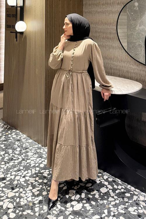 Lamelif Biritli Tesettür Elbise Bej