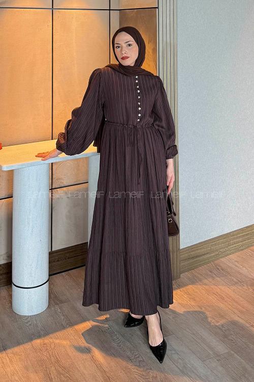 Lamelif Biritli Tesettür Elbise Koyu Kahverengi