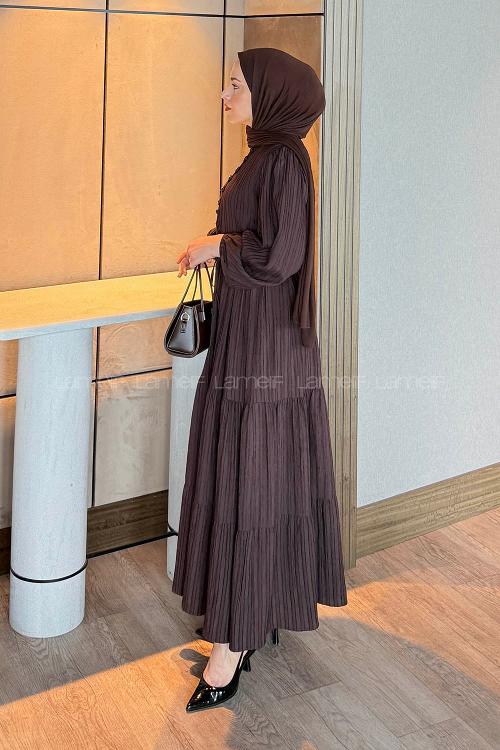 Lamelif Biritli Tesettür Elbise Koyu Kahverengi