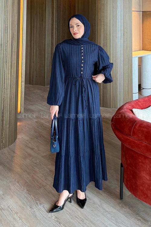 Lamelif Biritli Tesettür Elbise Lacivert