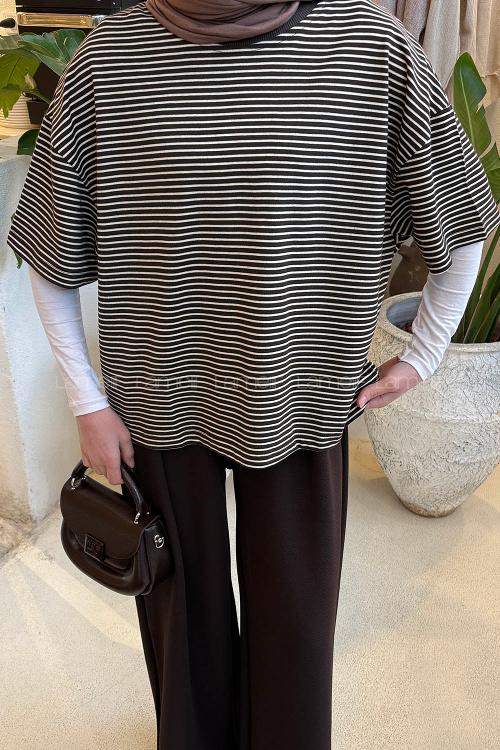 Lamelif Çizgili T-shirt Acı Kahve