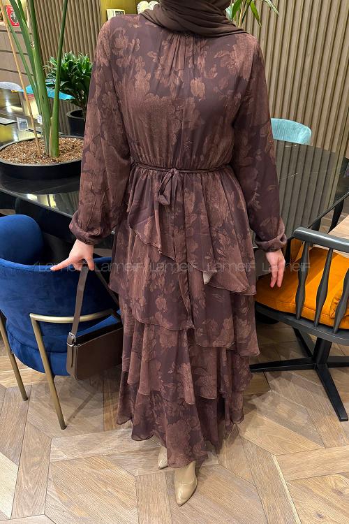 Lamelif Desenli Volanlı Tesettür Elbise Acı Kahve