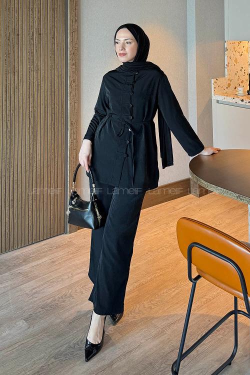 Lamelif Düğme Detaylı Bohem İkili Takım Siyah