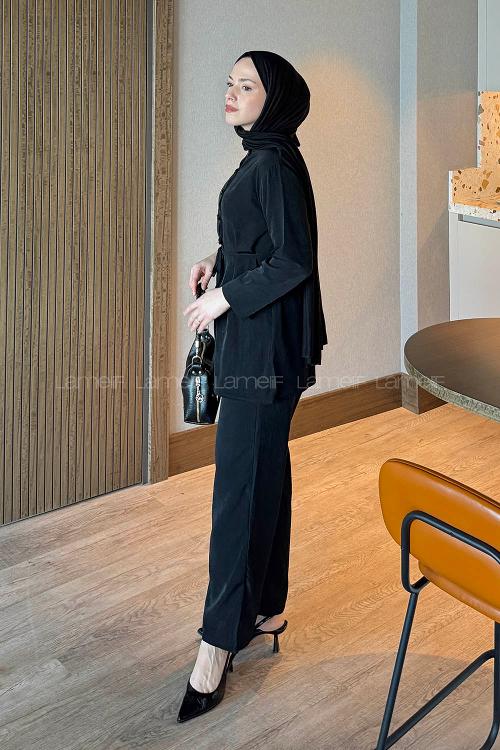 Lamelif Düğme Detaylı Bohem İkili Takım Siyah