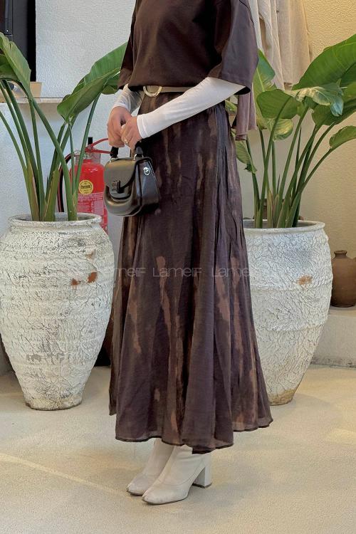 Lamelif Kemerli Desenli Etek Acı Kahve