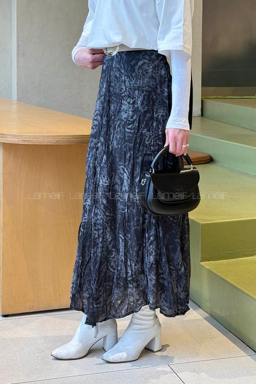 Lamelif Kemerli Desenli Etek Gri Siyah