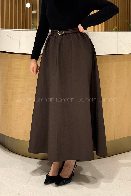 Lamelif Kemerli Kloş Etek Acı Kahve