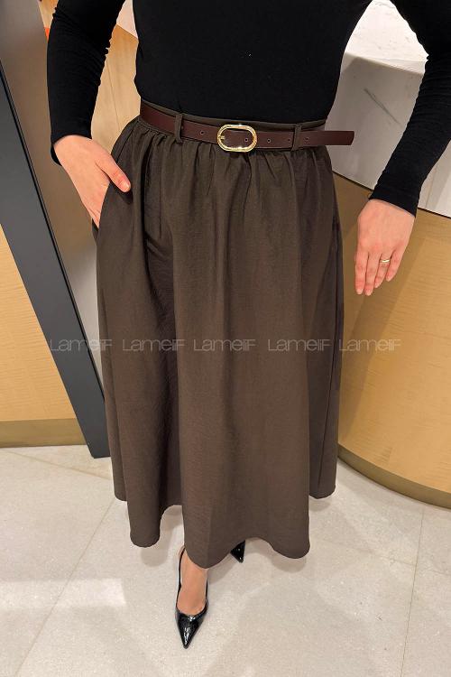Lamelif Kemerli Kloş Etek Acı Kahve