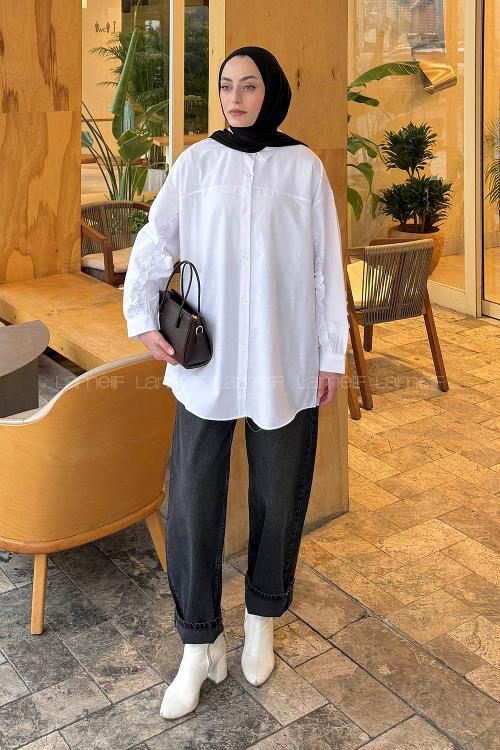 Lamelif Kol Fırfır Detaylı Gömlek Beyaz