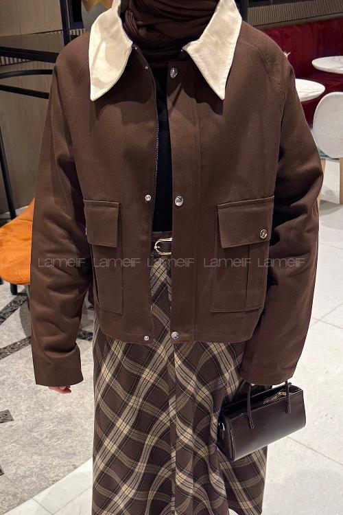 Lamelif Yaka Detaylı Çıtçıtlı Ceket Acı Kahve