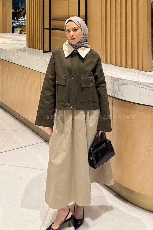 Lamelif Yaka Detaylı Çıtçıtlı Ceket Haki