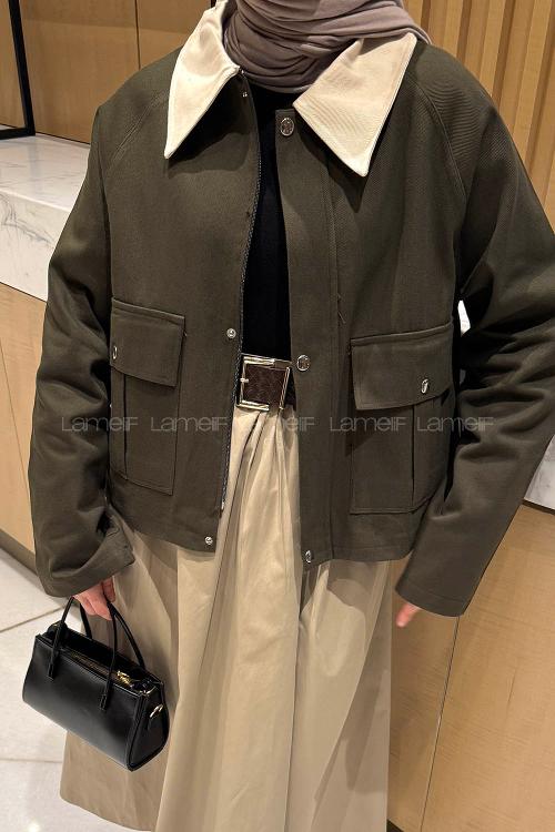 Lamelif Yaka Detaylı Çıtçıtlı Ceket Haki