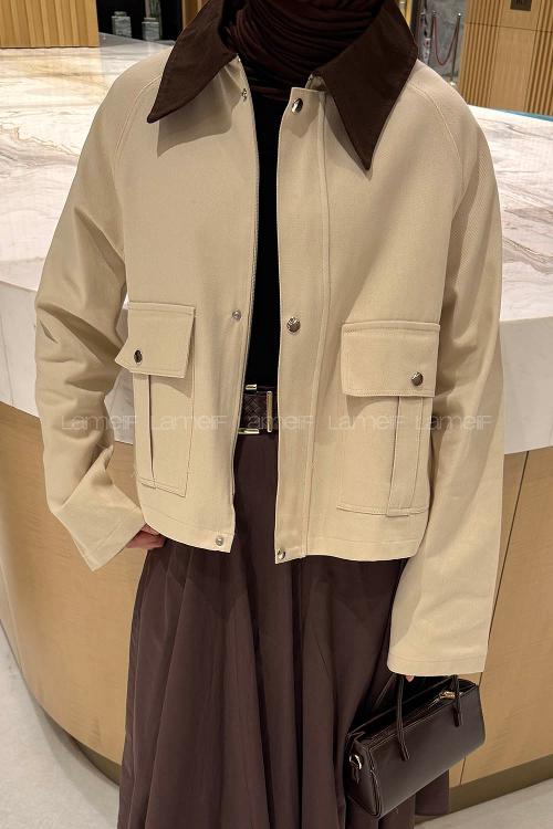 Lamelif Yaka Detaylı Çıtçıtlı Ceket Krem