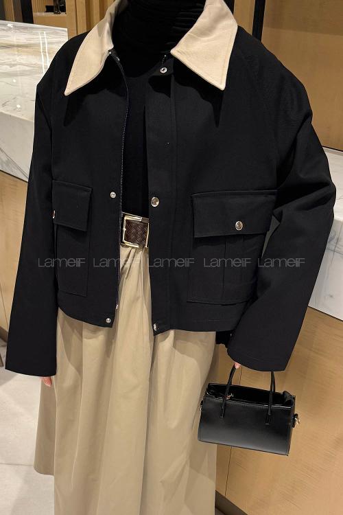 Black Shirt Collar Long Arm Gabardin Jacket