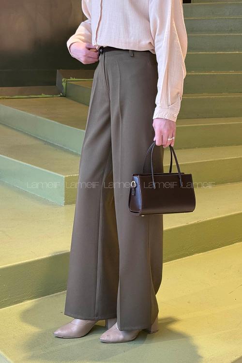 Lamelif Yüksek Bel Kumaş Pantolon Haki