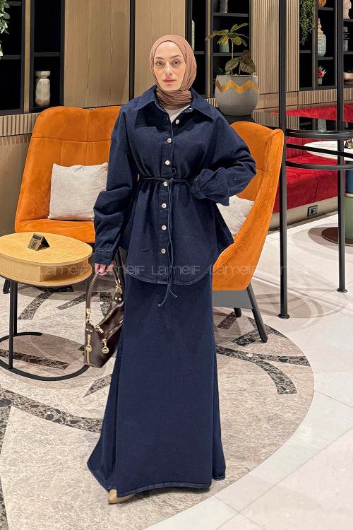 Lamelif Bağlama Detaylı Balık Model Kot Takım Koyu Mavi