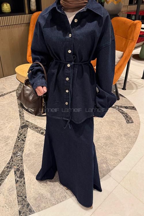 Lamelif Bağlama Detaylı Balık Model Kot Takım Koyu Mavi