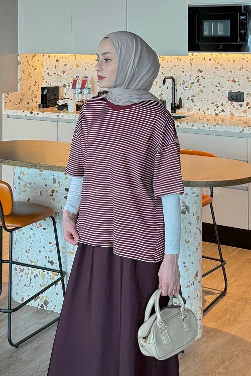 Lamelif Çizgili T-shirt Bordo