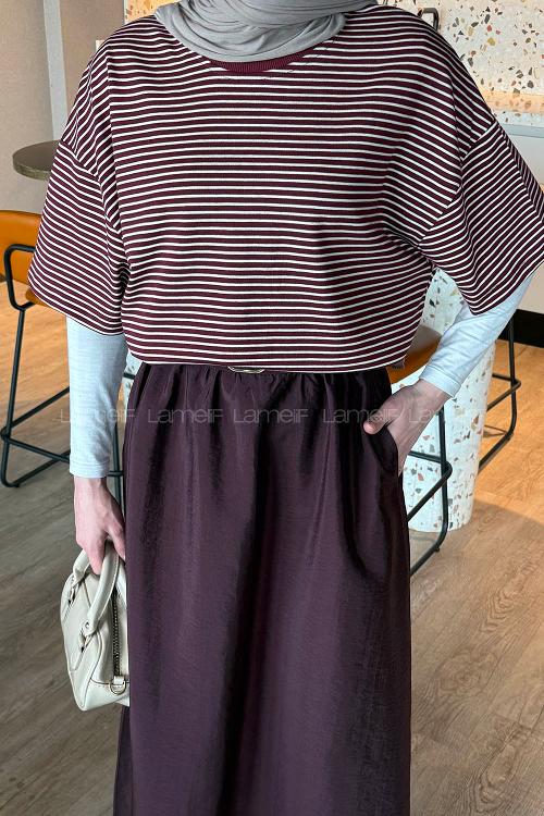 Lamelif Çizgili T-shirt Bordo
