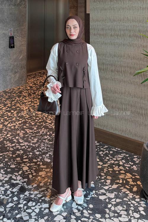 Lamelif Düğmeli Yelekli Takım Acı Kahve