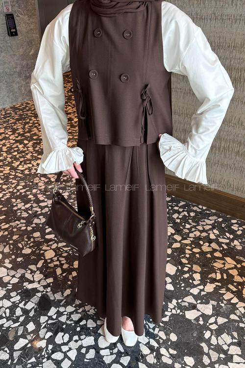 Lamelif Düğmeli Yelekli Takım Acı Kahve