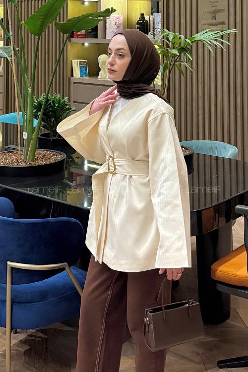 Lamelif Gold Kemerli Gabardin Ceket Bej