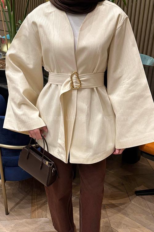Lamelif Gold Kemerli Gabardin Ceket Bej