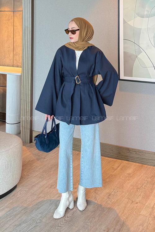 Lamelif Gold Kemerli Gabardin Ceket Lacivert