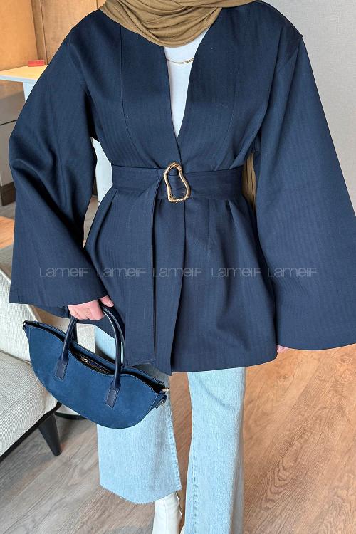 Lamelif Gold Kemerli Gabardin Ceket Lacivert