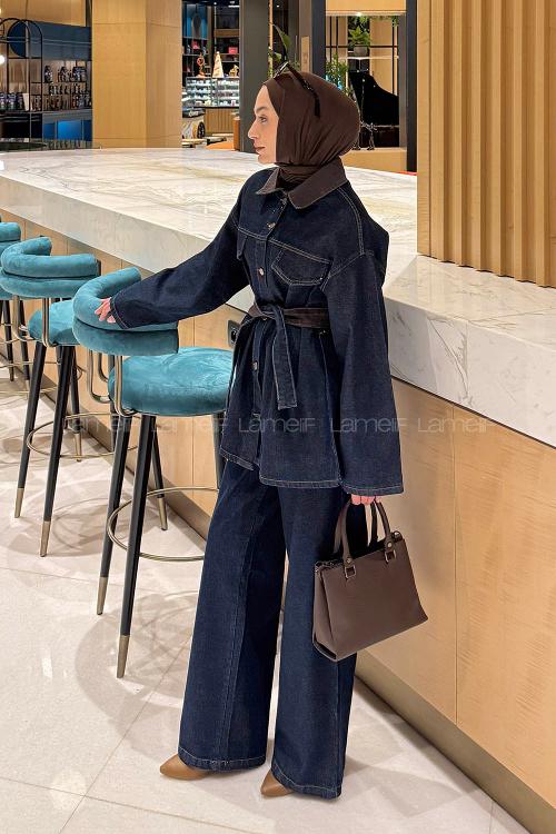 Lamelif Yaka Detaylı Kuşaklı Kot Takım Kot Mavisi