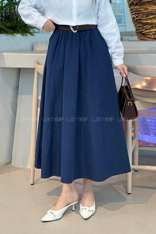 Lamelif Cep Detaylı Kloş Keten Etek Koyu Mavi