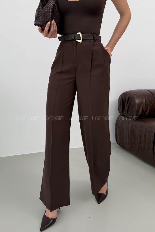 Lamelif Çift Pileli Kemerli Pantolon Acı Kahve