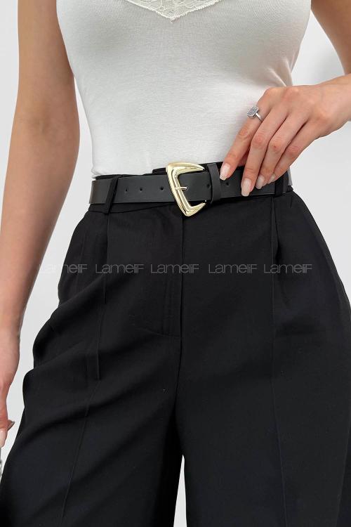 Lamelif Çift Pileli Kemerli Pantolon Siyah