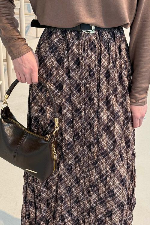 Lamelif Dijital Kraş Etek Kahverengi Bej