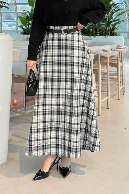 Lamelif Ekose Tesettür Etek Beyaz-Siyah