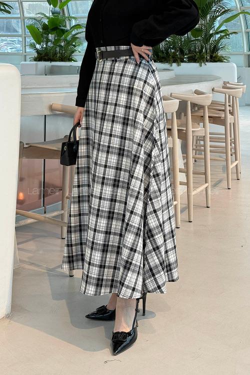 Lamelif Ekose Tesettür Etek Beyaz-Siyah