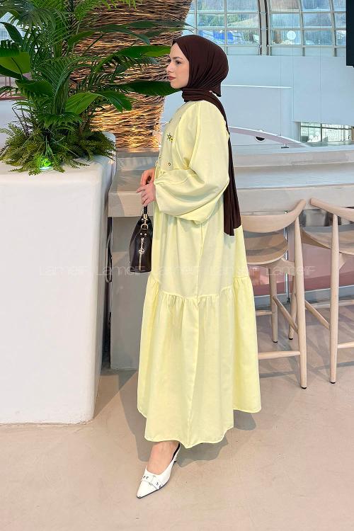 Yellow Crew Neck Cotton Printed Dresess