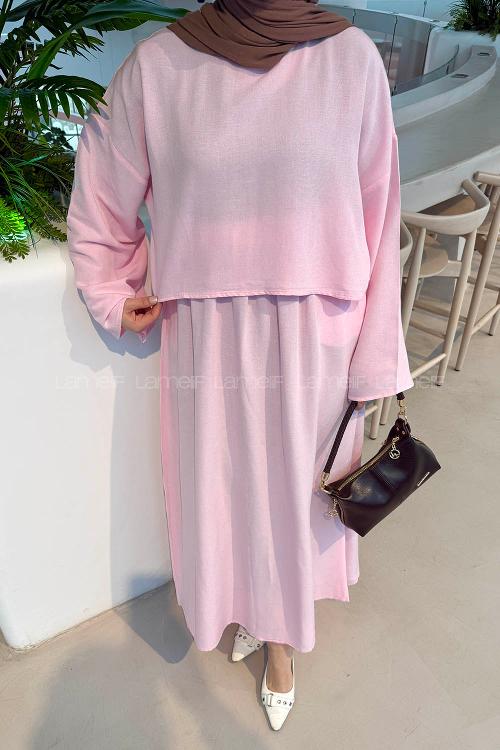 Lamelif Etekli Tesettür Takım Pembe