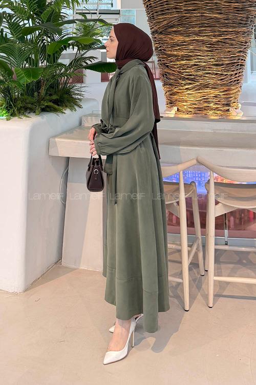 Lamelif Fularlı Bağlama Detaylı Elbise Haki