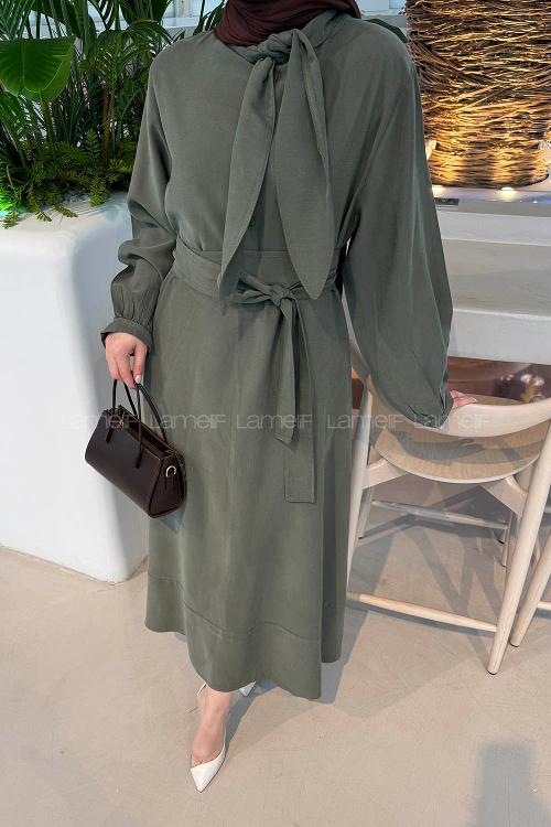 Lamelif Fularlı Bağlama Detaylı Elbise Haki