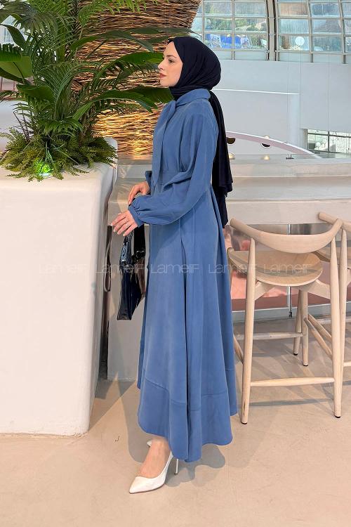 Lamelif Fularlı Bağlama Detaylı Elbise Saks Mavisi