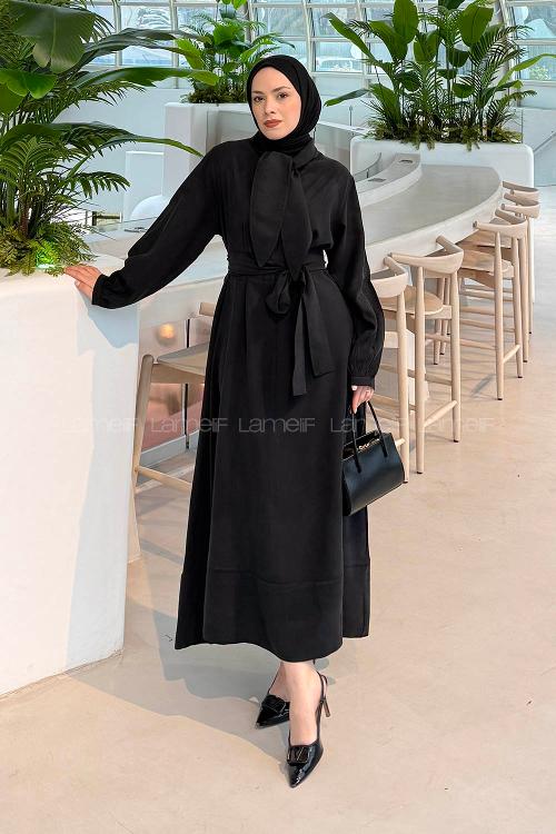 Lamelif Fularlı Bağlama Detaylı Elbise Siyah