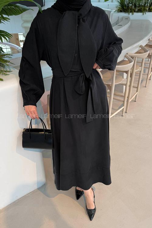 Lamelif Fularlı Bağlama Detaylı Elbise Siyah