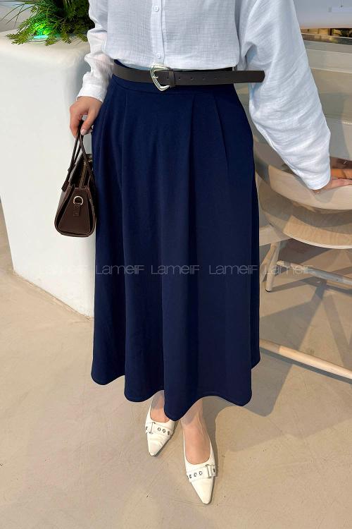 Navy Blue Crepe Fabric Pleated Skirt