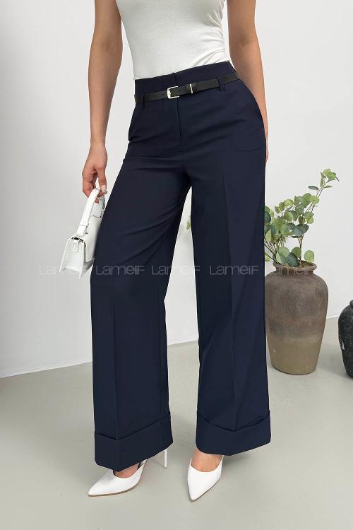 Lamelif Paçası Katlı Yüksek Bel Pantolon Lacivert