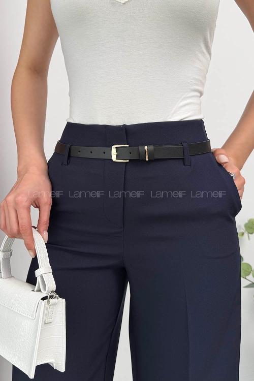 Lamelif Paçası Katlı Yüksek Bel Pantolon Lacivert